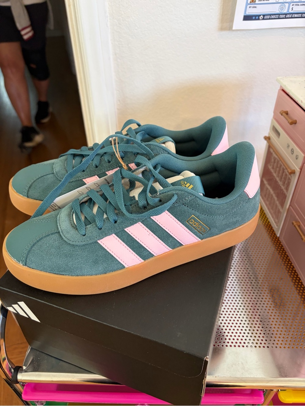 adidas Kids Teal & Pink Suede Sneakers with Gum Sole